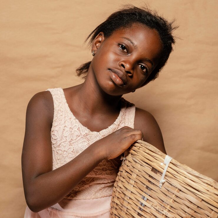 portrait smiley girl with straw basket 23 2148852686